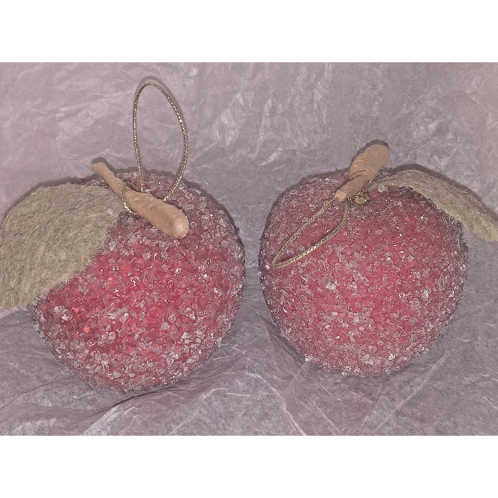 2 Vtg Sugared Faux Red Apples Christmas Ornaments Farmhouse Decor Rustic